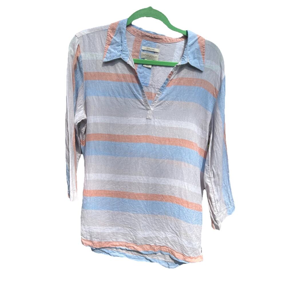 Cynthia Rowley 100% Linen Striped Tunic Shirt 3/4 Sleeve Side Slits & Buttons MD